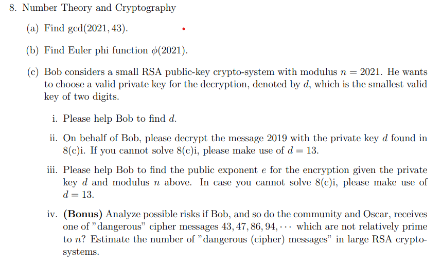 Solved 8. Number Theory and Cryptography (a) Find gcd(2021 