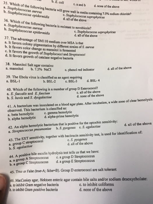 Solved b.E.coli 35. Whi a. Staphylococcus aureus b. | Chegg.com