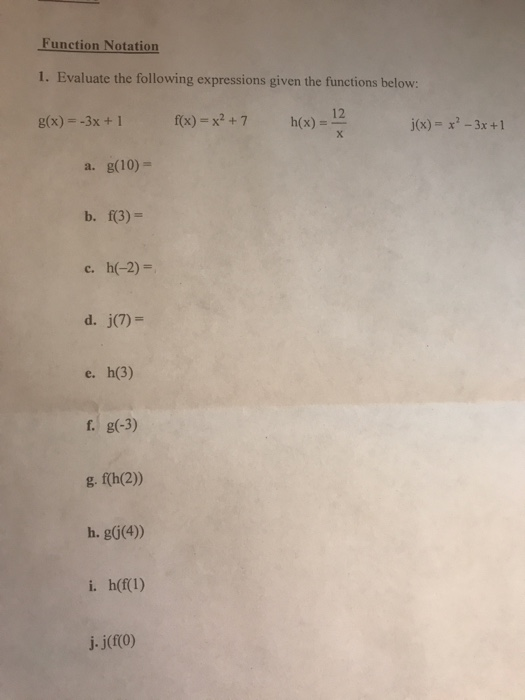 Solved Function Notation 1. Evaluate the following | Chegg.com