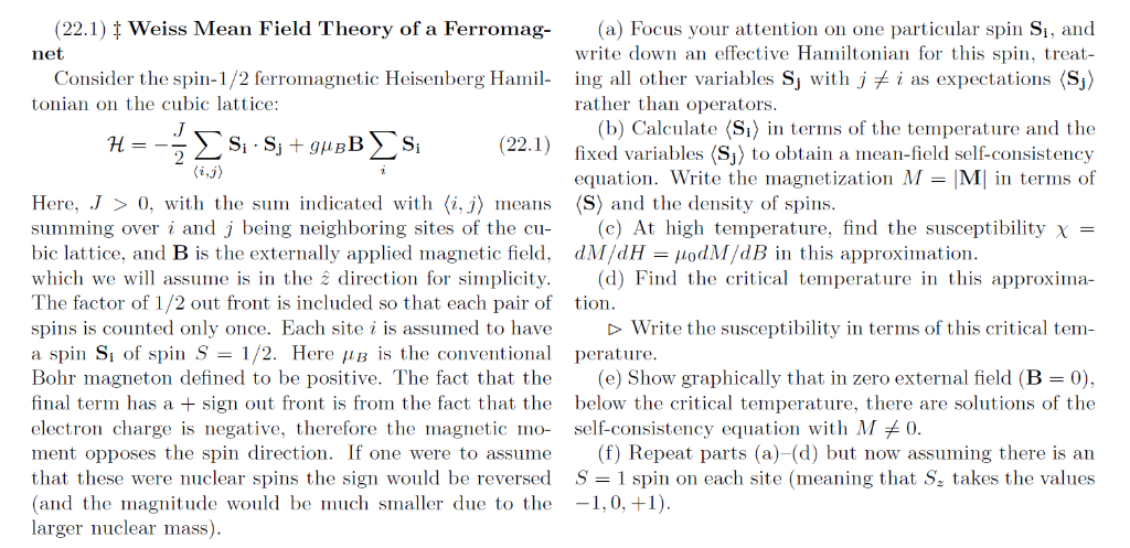 (22.1 Weiss Mean Field Theory of a Ferro mag- (a) | Chegg.com