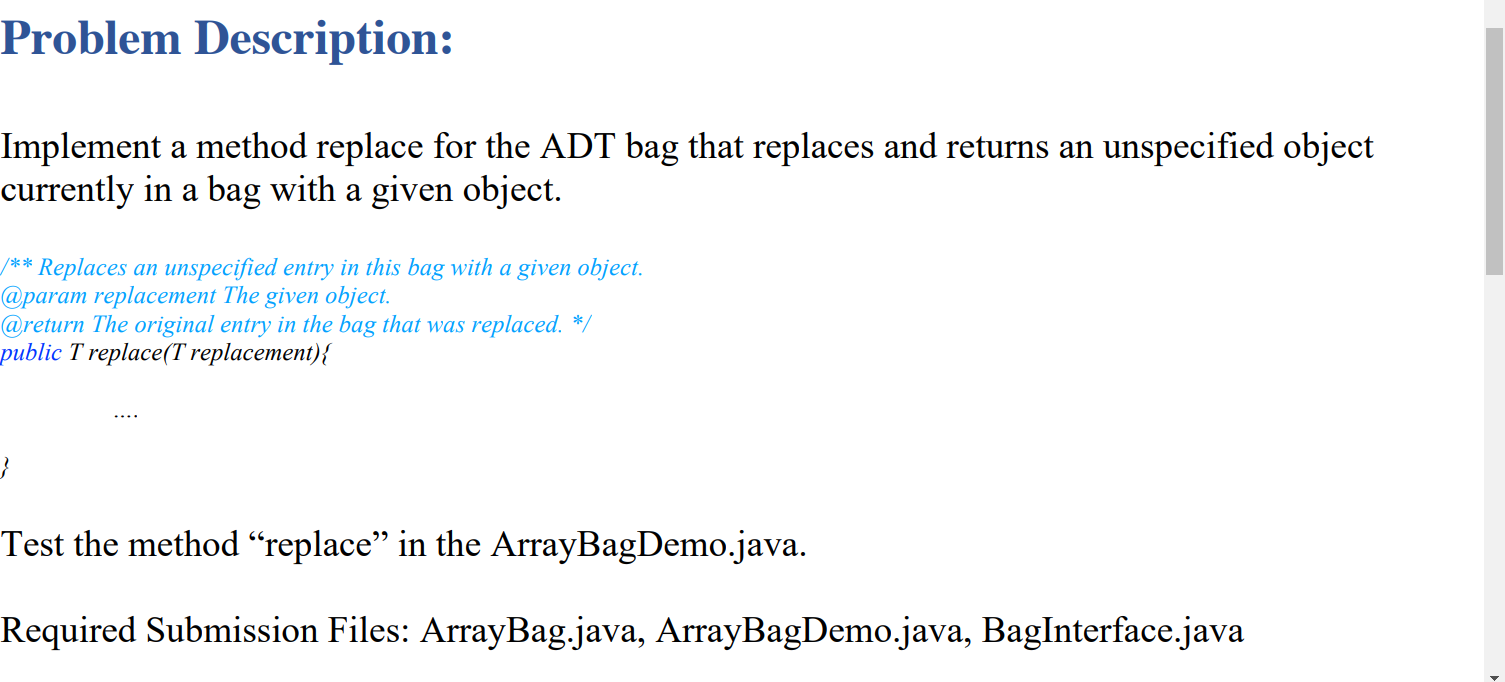 Solved Implement a method replace for the ADT bag that | Chegg.com