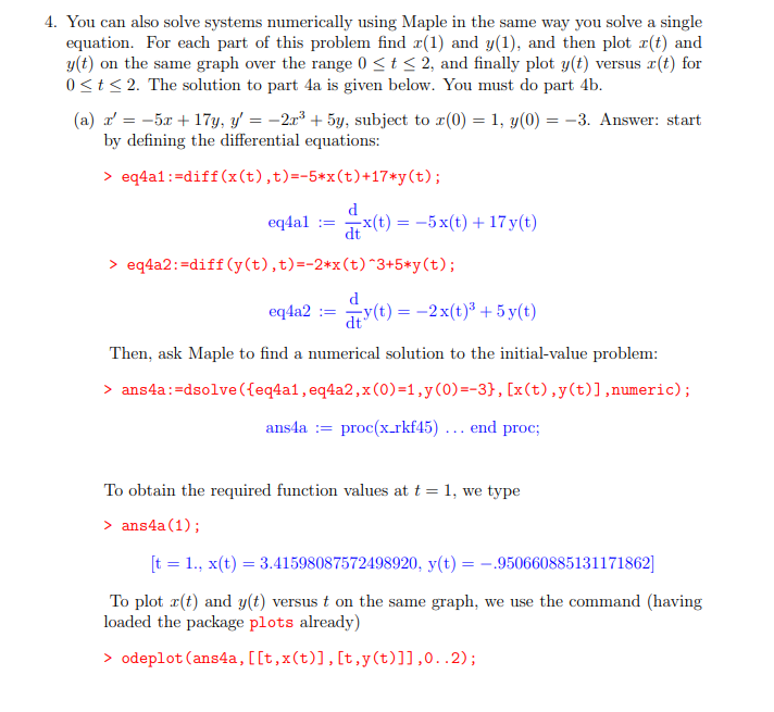 Solved 4. You can also solve systems numerically using Maple | Chegg.com
