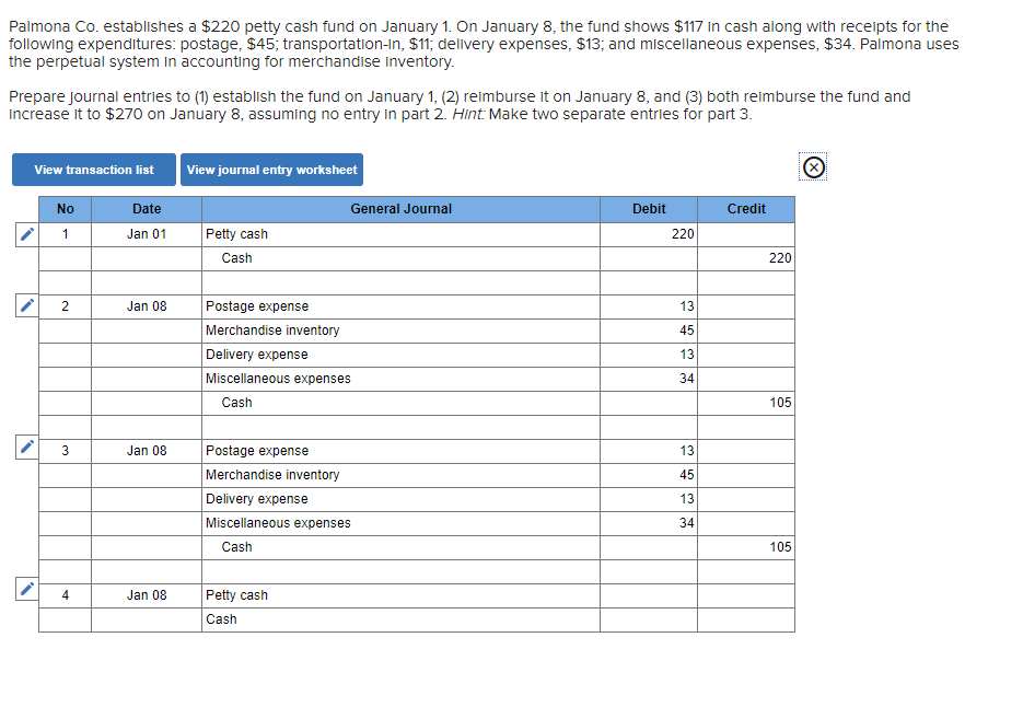 Solved Palmona Co. establishes a 220 petty cash fund on