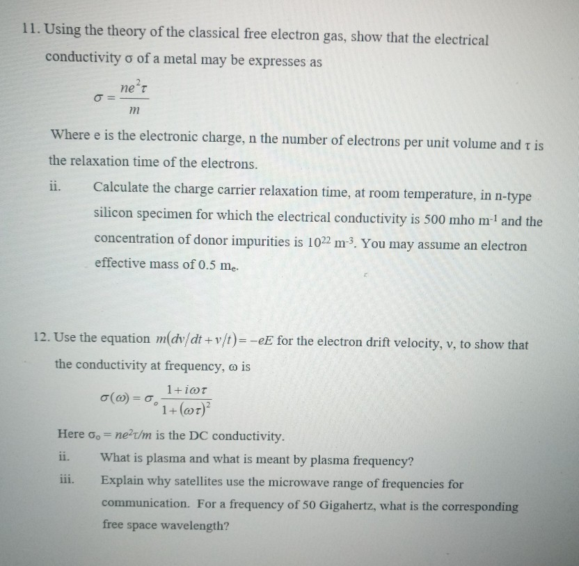 Solved 11. Using the theory of the classical free electron | Chegg.com