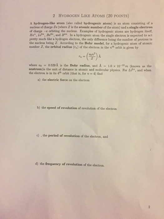 Solved 2 Hydrogen Like Atoms 20 Points A Hydrogen Like Chegg