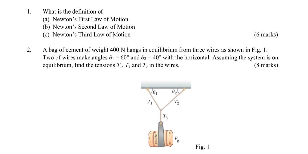 Solved 2. A bag of cement of weight 400 N hangs in