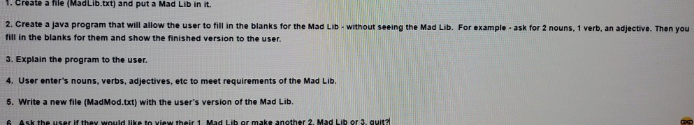 Solved complete 1 to 6 Java create a Mad Libs modification | Chegg.com