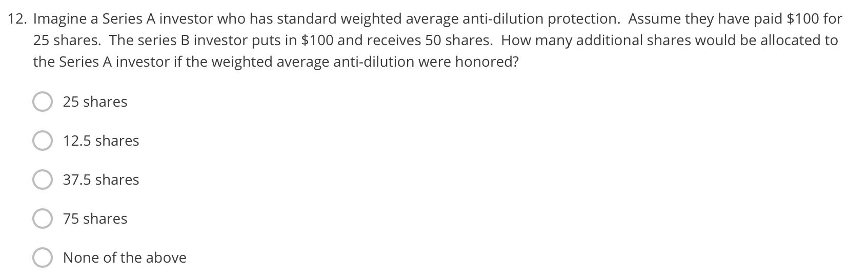 Solved 12. Imagine a Series A investor who has standard