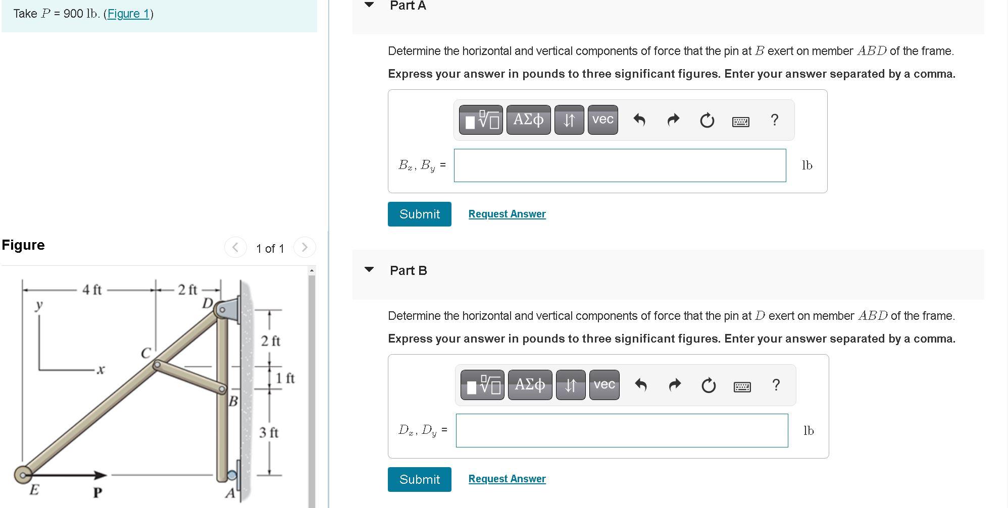 Determine the horizontal and vertical components of force that the pin at \( B \) exert on member \( A B D \) of the frame.
E