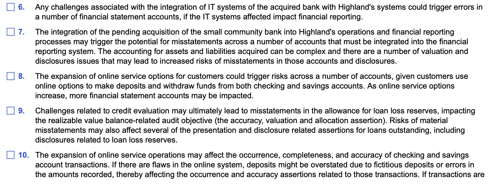 06. o 7. any challenges associated with the integration of it systems of the acquired bank with highlands systems could trig
