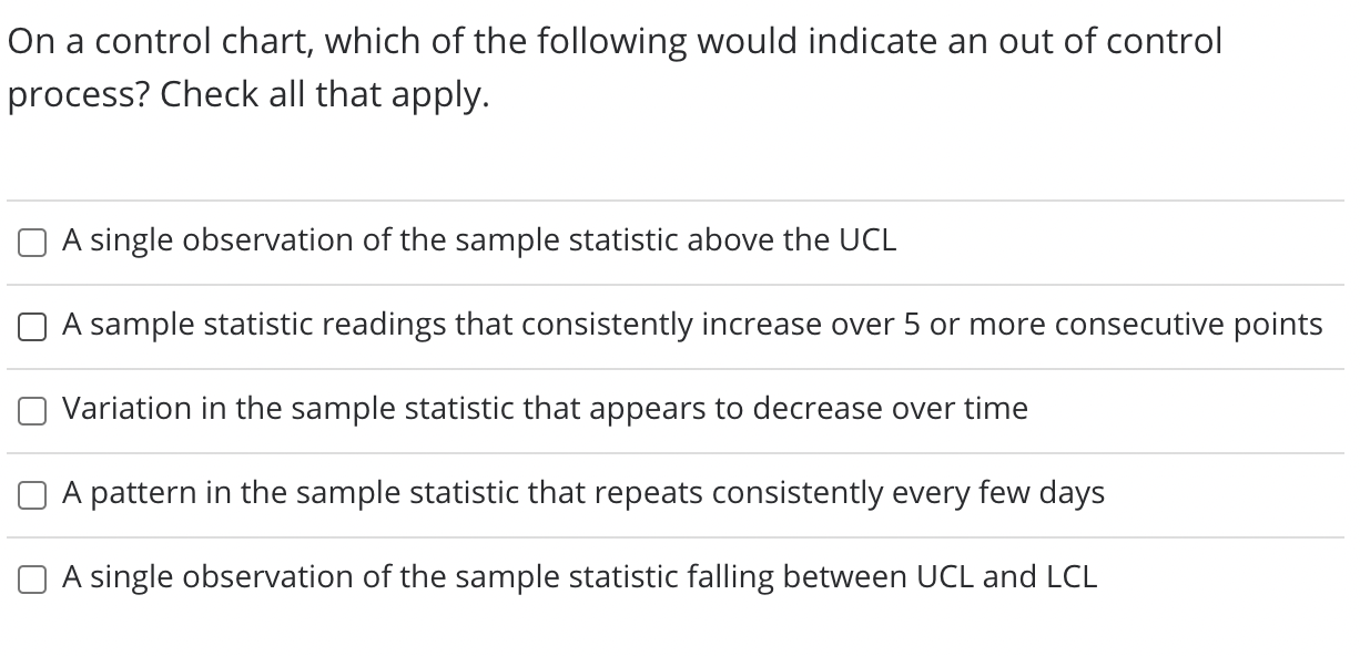Solved On a control chart, which of the following would | Chegg.com