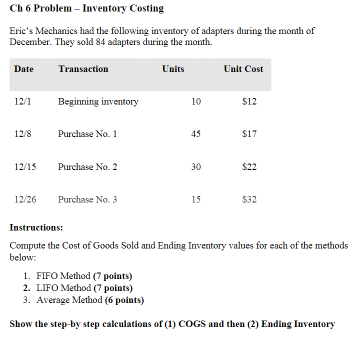 Solved Ch 6 Problem - Inventory Costing Eric's Mechanics had | Chegg.com