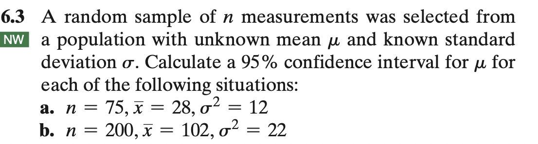 Solved NW 6.3 A random sample of n measurements was selected | Chegg.com