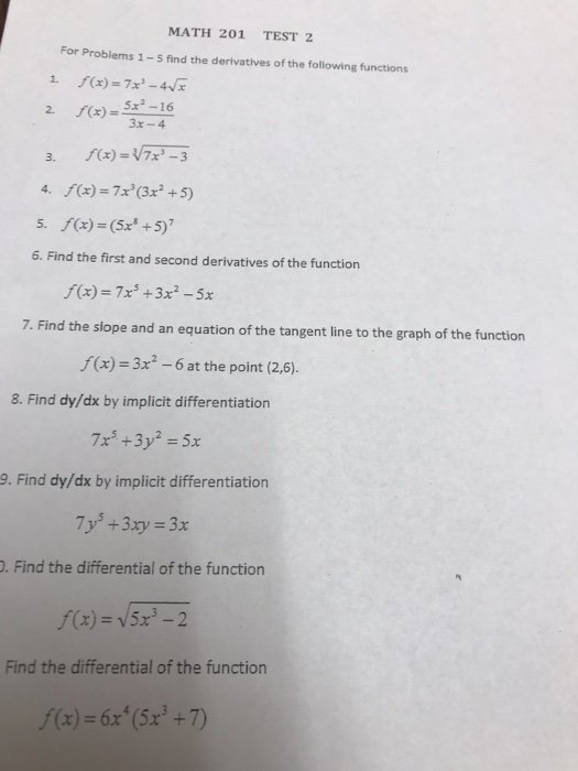 Solved MATH 201 TEST 2 For Problems 1 -5 find the | Chegg.com