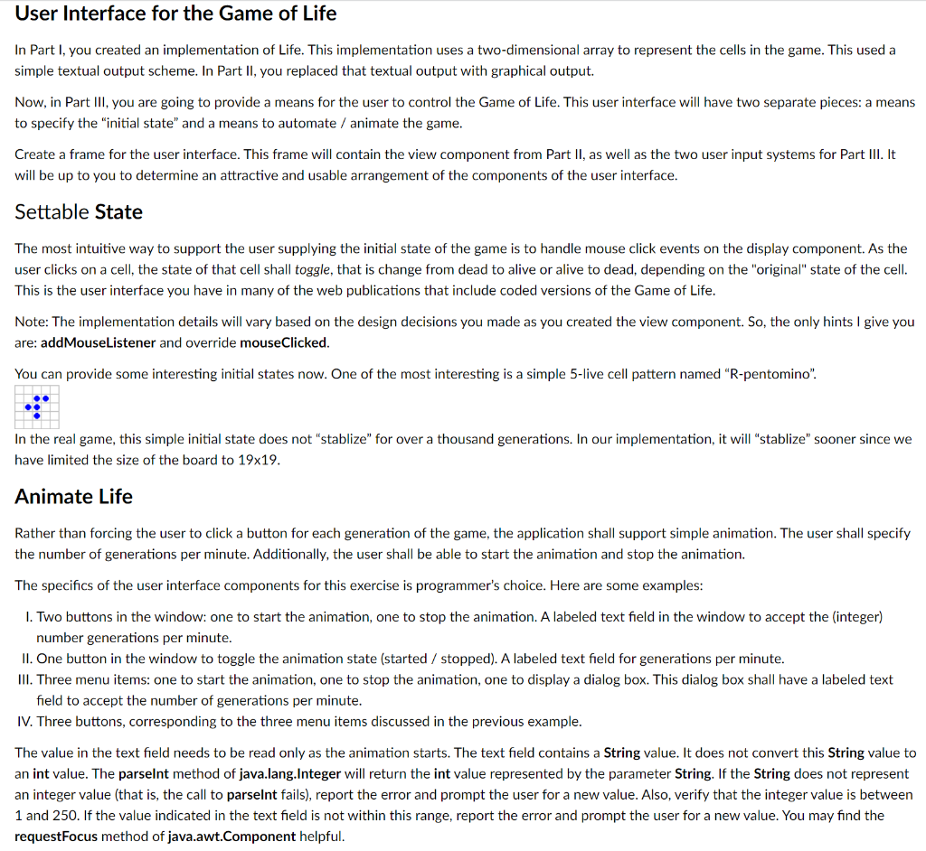 Solved User Interface for the Game of Life In Part I, you | Chegg.com