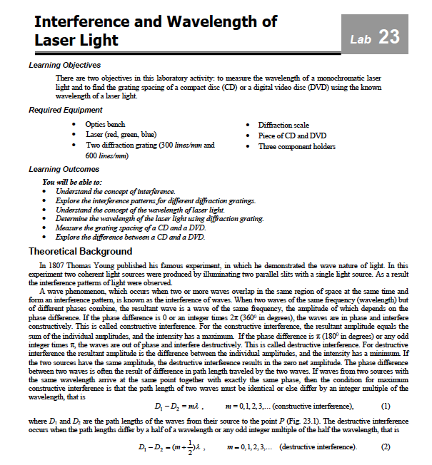 Solved Interference and Wavelength of Laser Light Lab 23 | Chegg.com