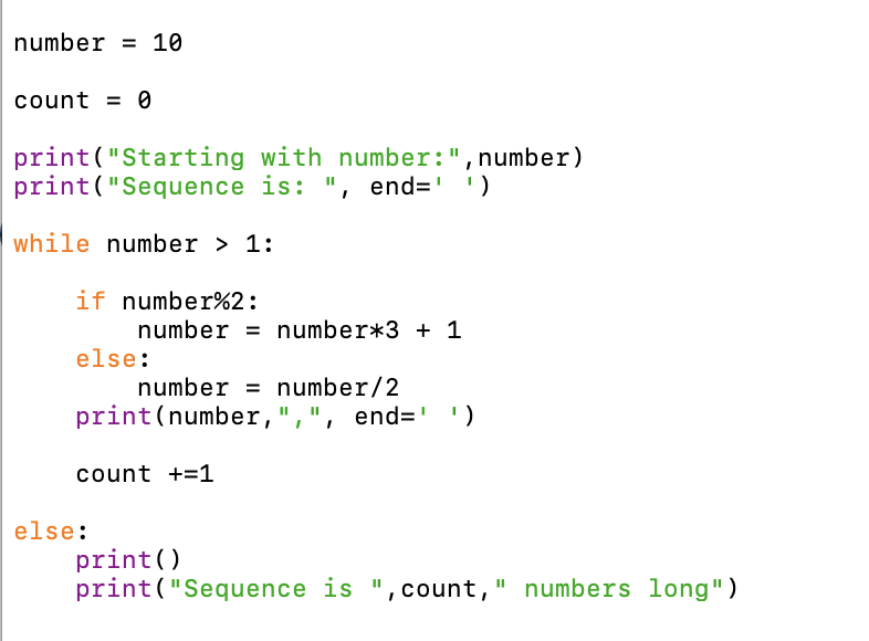 Solved number = 10 count = 0 print("Starting with number:", | Chegg.com