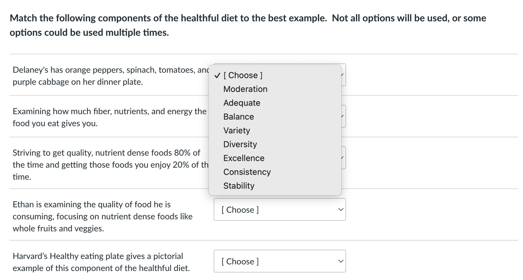 Match the following components of the healthful diet