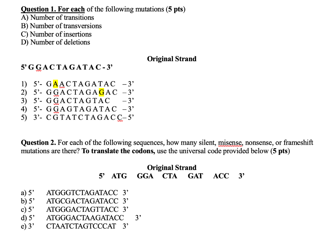 Solved Question 1. For each of the following mutations (5 | Chegg.com