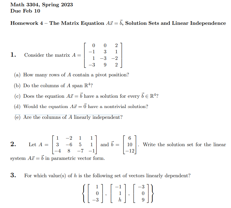 Homework 4 - The Matrix Equation Ax=b, Solution Sets | Chegg.com