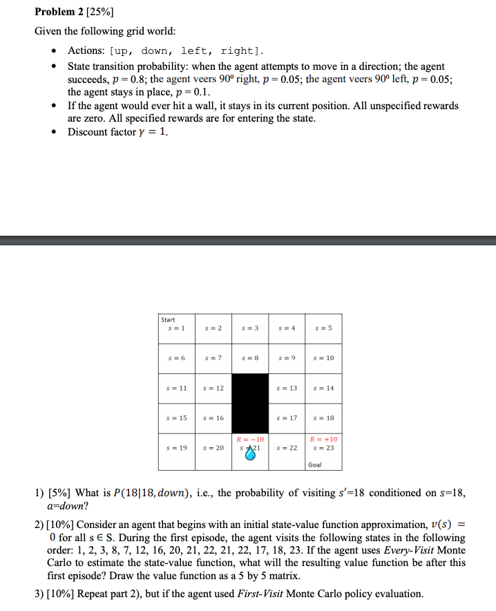 Problem 2 [25%] Given the following grid world: • | Chegg.com