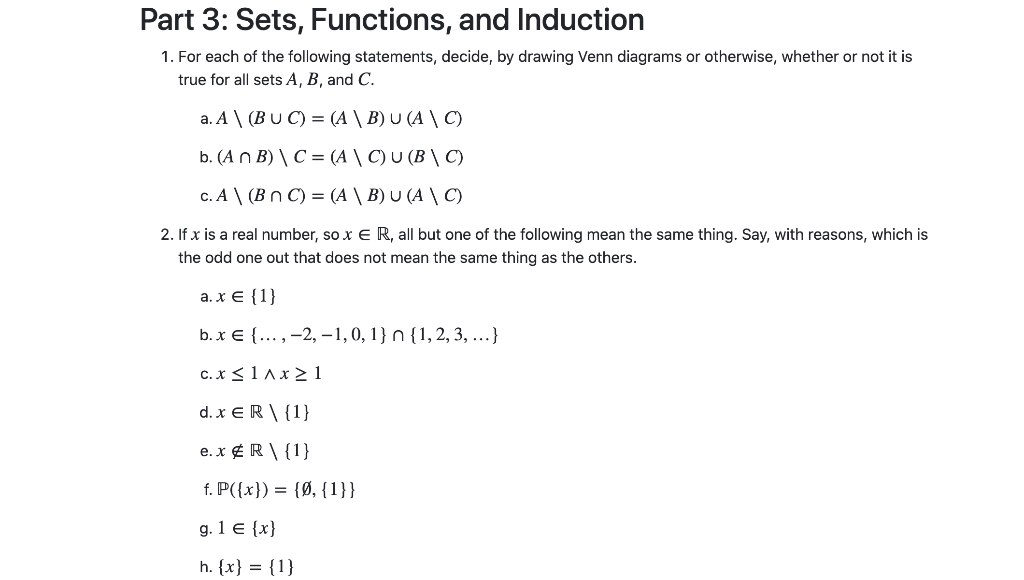 Solved Part 3 Sets Functions And Induction 1 For Each Chegg Com