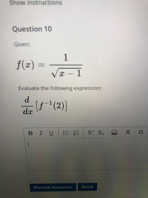 Solved Show Instructions Question 10 Given: 1 F(x) х 1 | Chegg.com