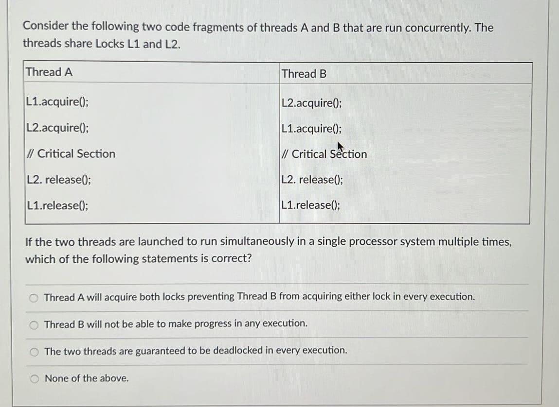 Solved Consider the following two threads, to be run | Chegg.com