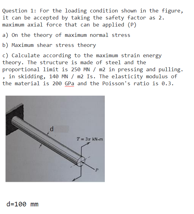 Solved Question 1: For the loading condition shown in the | Chegg.com