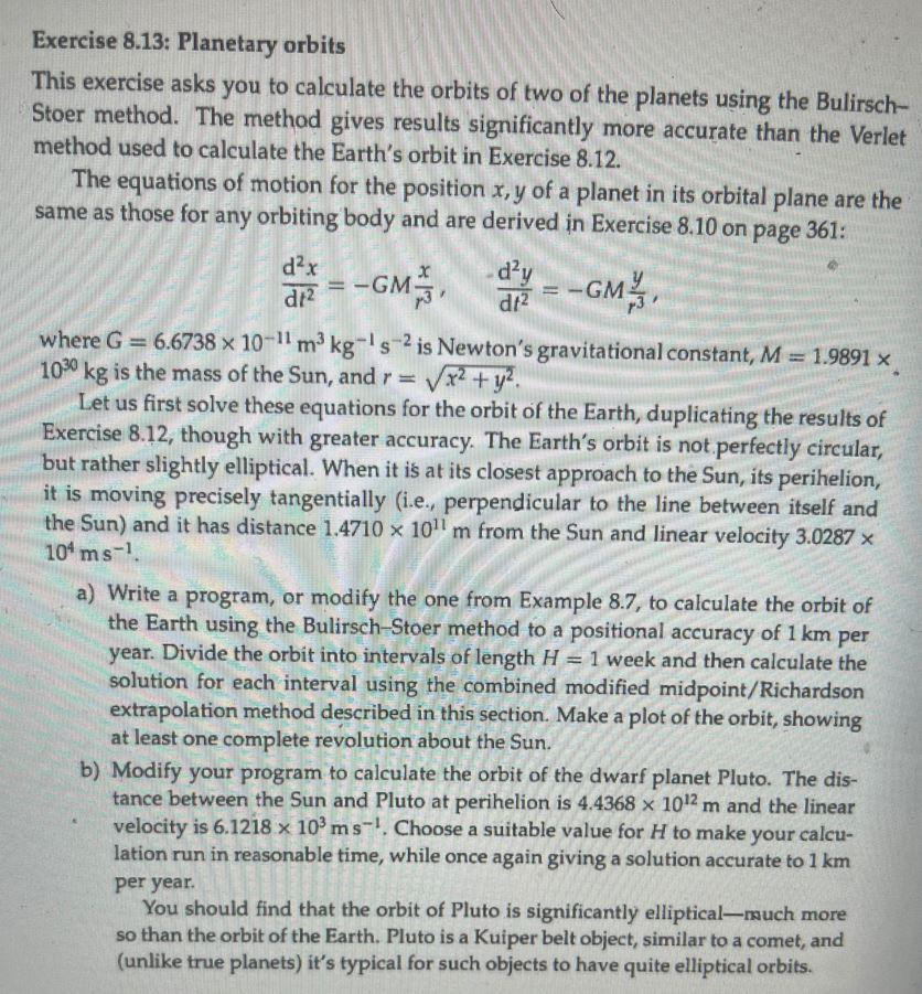 Exercise 8.13: Planetary orbits This exercise asks | Chegg.com