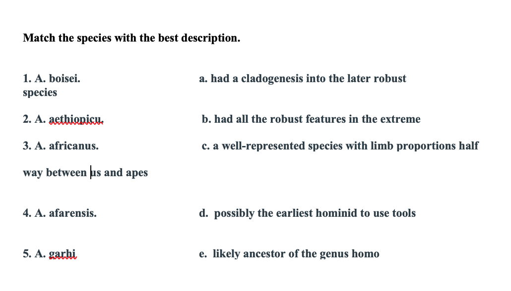 Solved Match the species with the best description. a. had a | Chegg.com