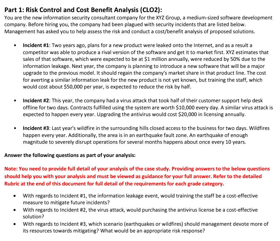 Solved Part 1: Risk Control and Cost Benefit Analysis | Chegg.com