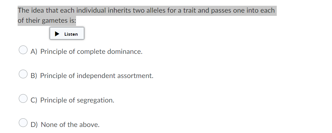 Solved The idea that each individual inherits two alleles | Chegg.com