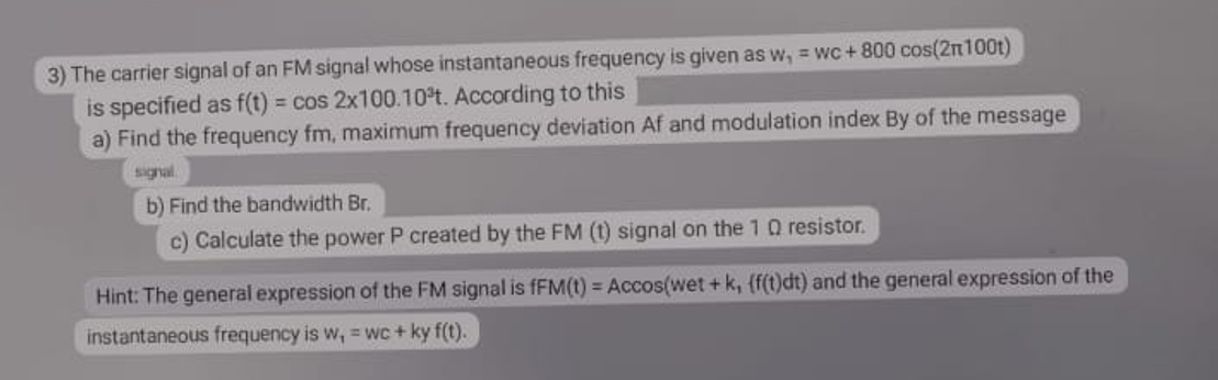 Solved The carrier signal of an FM signal whose | Chegg.com