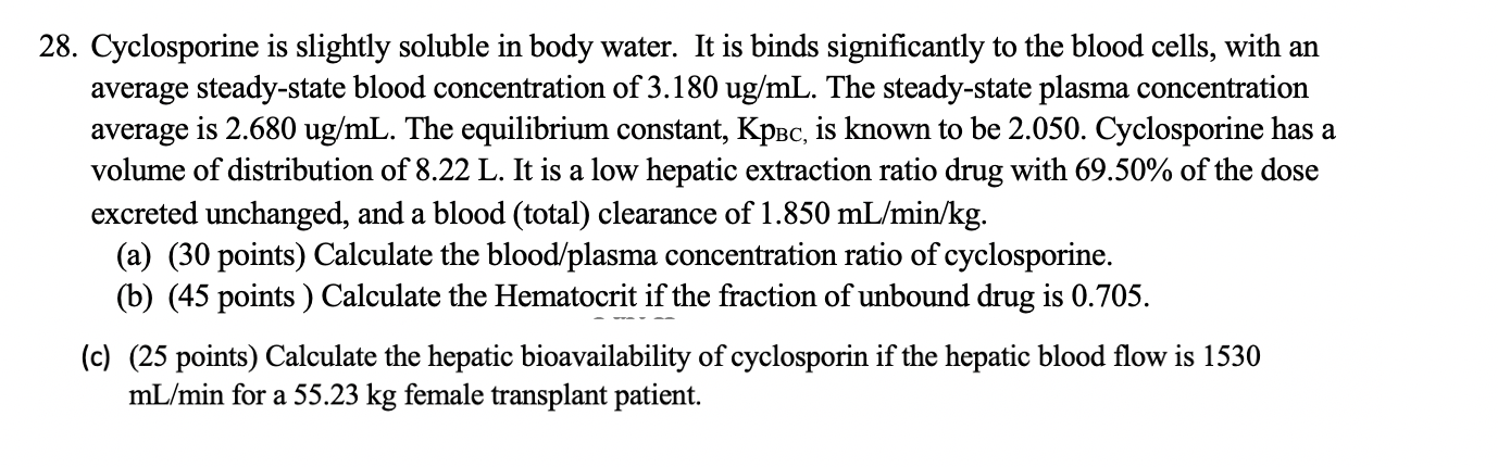 28. Cyclosporine is slightly soluble in body water. | Chegg.com