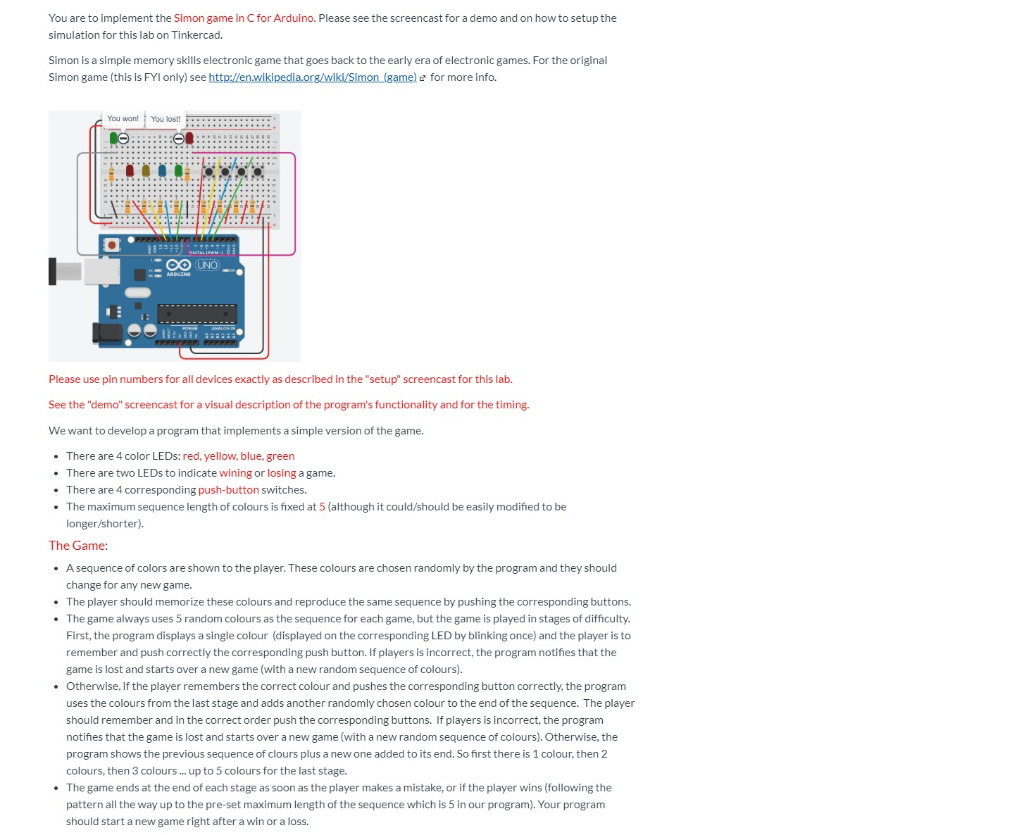 Solved You Are To Implement The Simon Game In C For Arduino Chegg Com