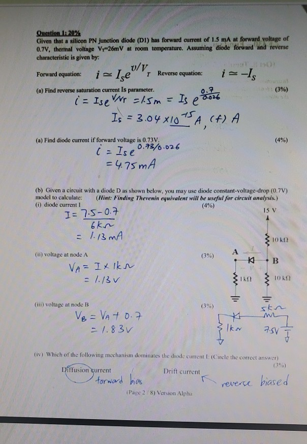 Solved Question 1: 20% Given that a silicon PN junction | Chegg.com