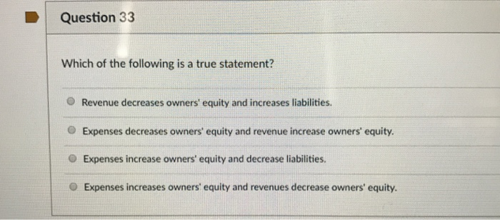 Solved Question 33 Which of the following is a true | Chegg.com - Which Of The Following Decreases Equity