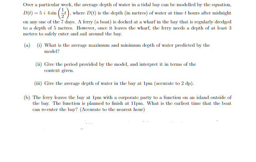 Solved Over a particular week, the average depth of water in | Chegg.com