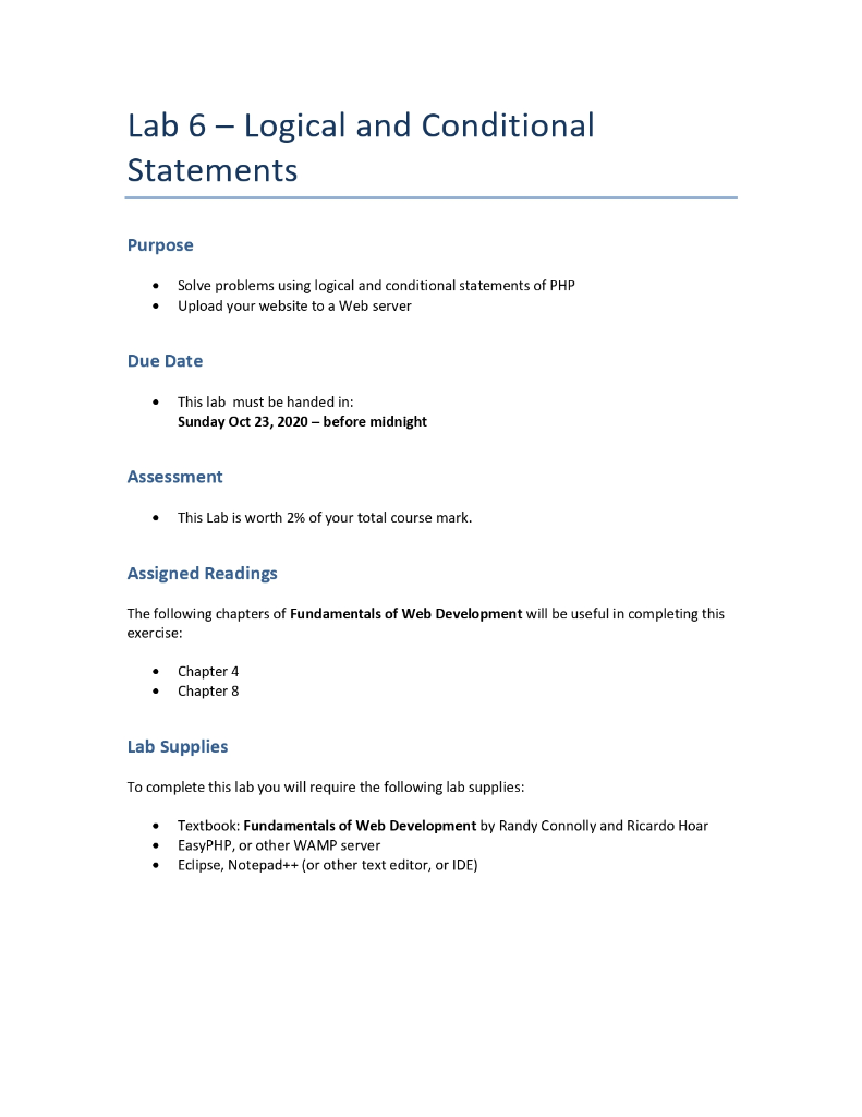 Lab 6 - Logical and Conditional Statements Purpose | Chegg.com