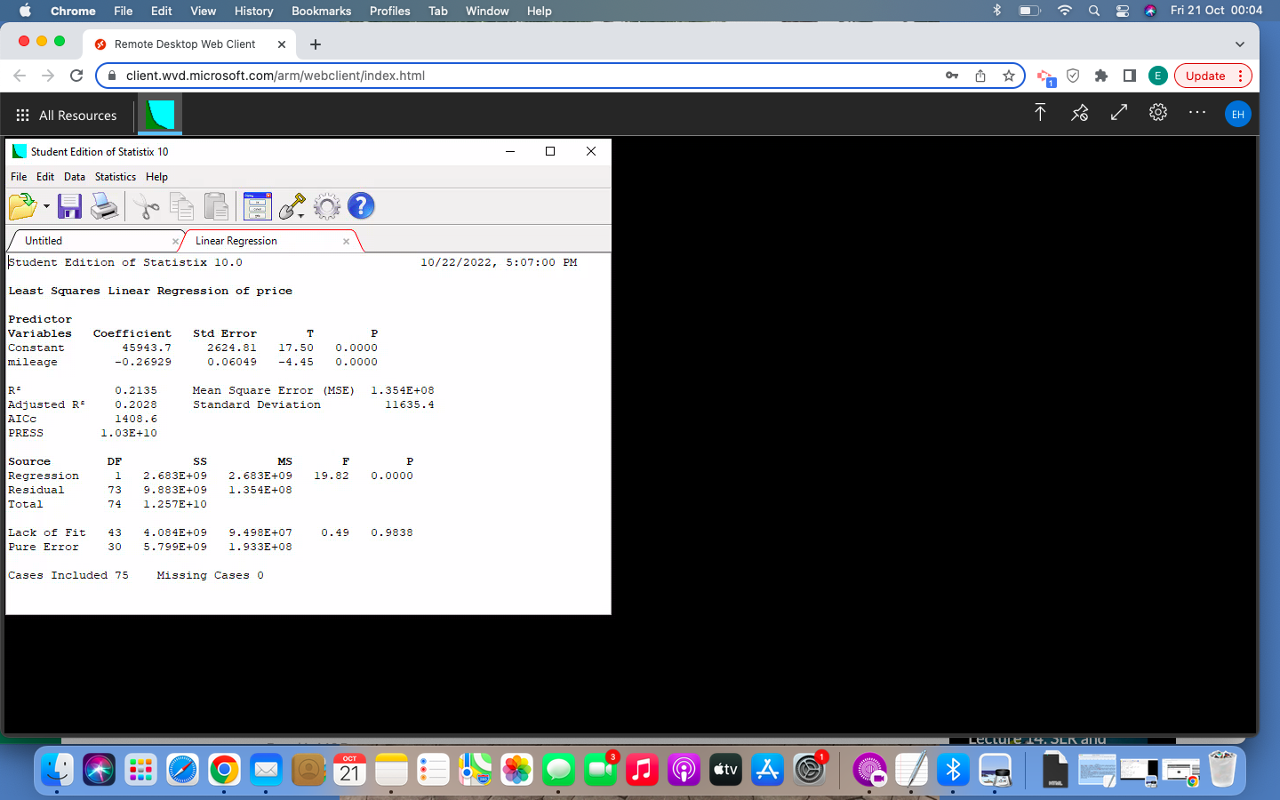 Student Edition of Statistix \( 10.0 \)
Least Squares Linear Regression of price