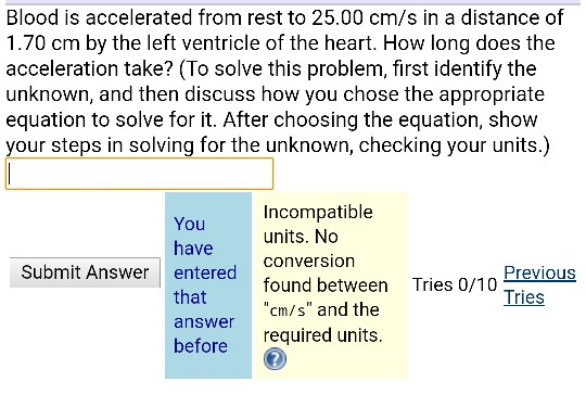 Solved Blood Is Accelerated From Rest To 25.00 Cm/s In A | Chegg.com