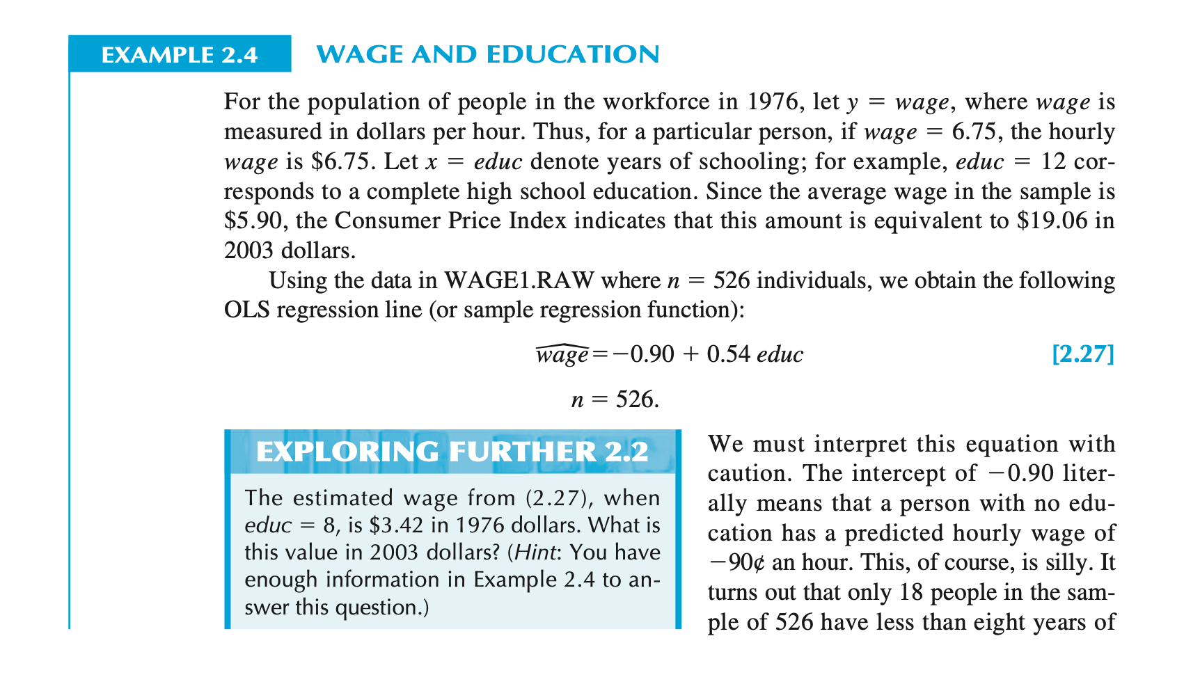 Solved EXAMPLE 2.4 WAGE AND EDUCATION = For the population | Chegg.com