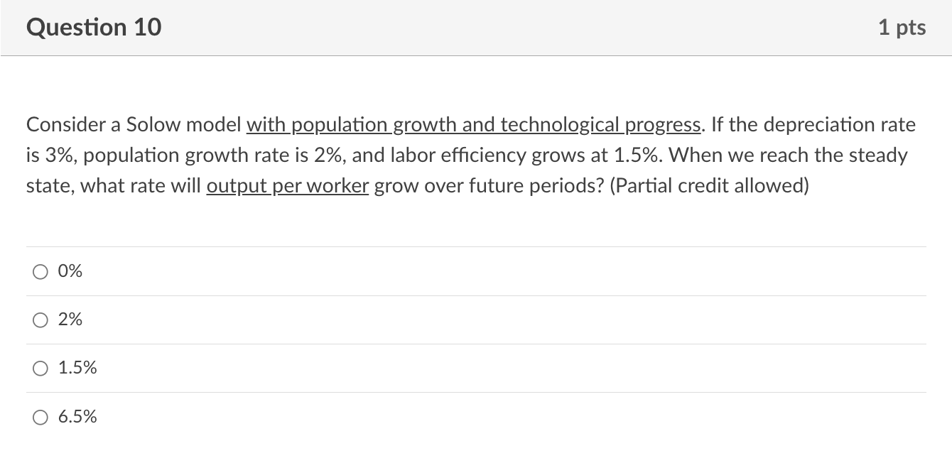 Solved Question 10 1 pts Consider a Solow model with | Chegg.com