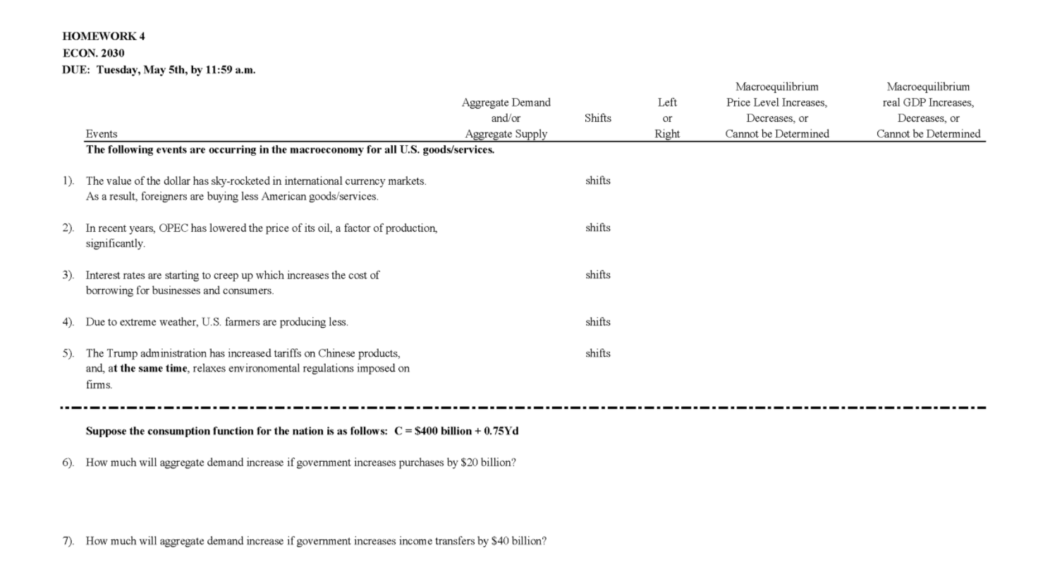 Solved HOMEWORK 4 ECON. 2030 DUE: Tuesday, May 5th, by 11:59 | Chegg.com