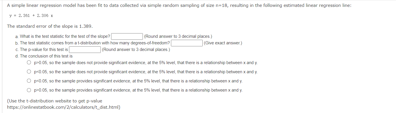 Solved A simple linear regression model has been fit to data | Chegg.com