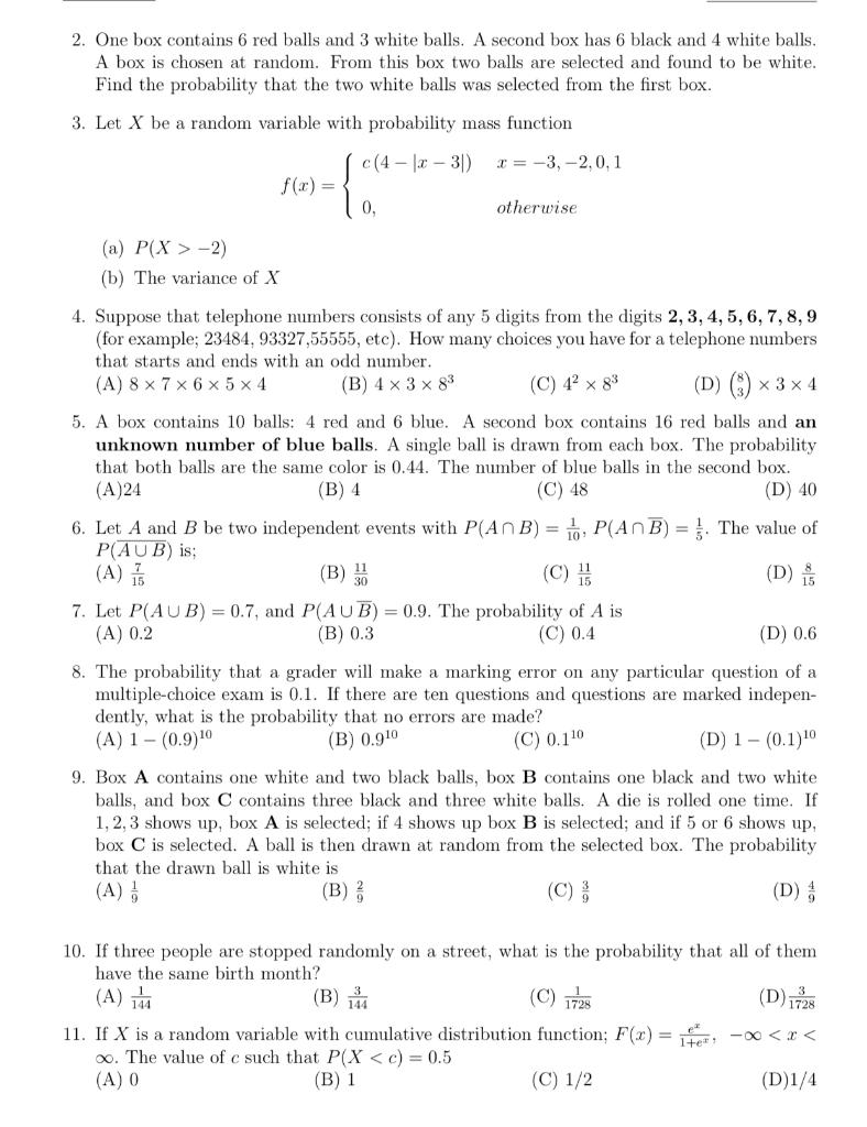 Solved 2. One box contains 6 red balls and 3 white balls. A