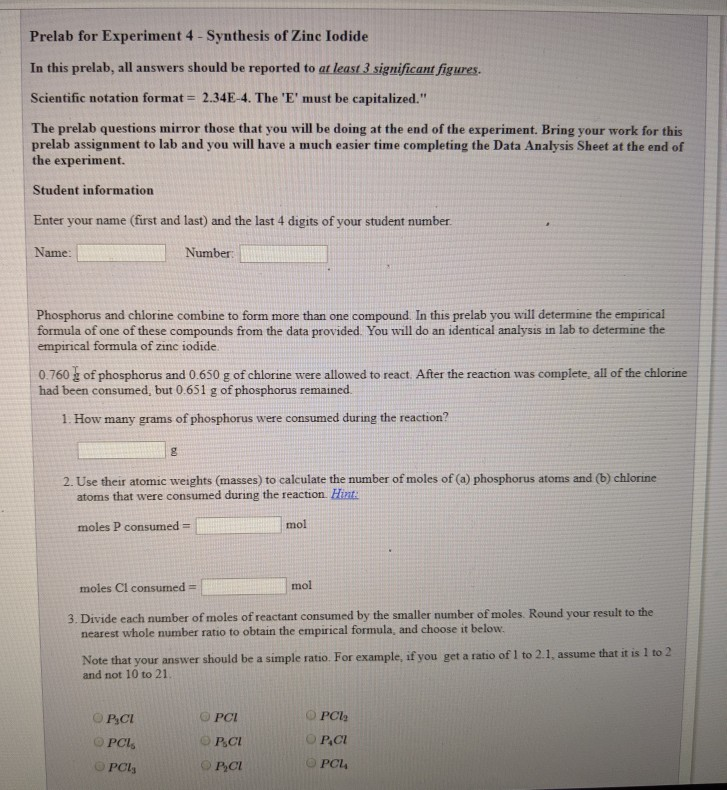 Solved Prelab for Experiment 4Synthesis of Zinc Iodide In