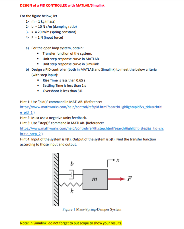 Solved DESIGN of a PID CONTROLLER with MATLAB/Simulink For | Chegg.com