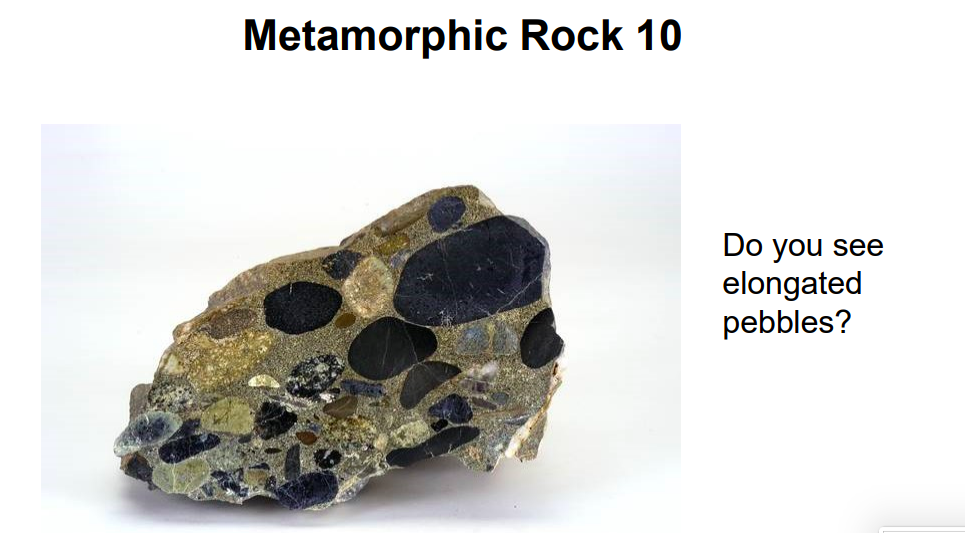 Metamorphic Rock 10
Do you see
elongated
pebbles?